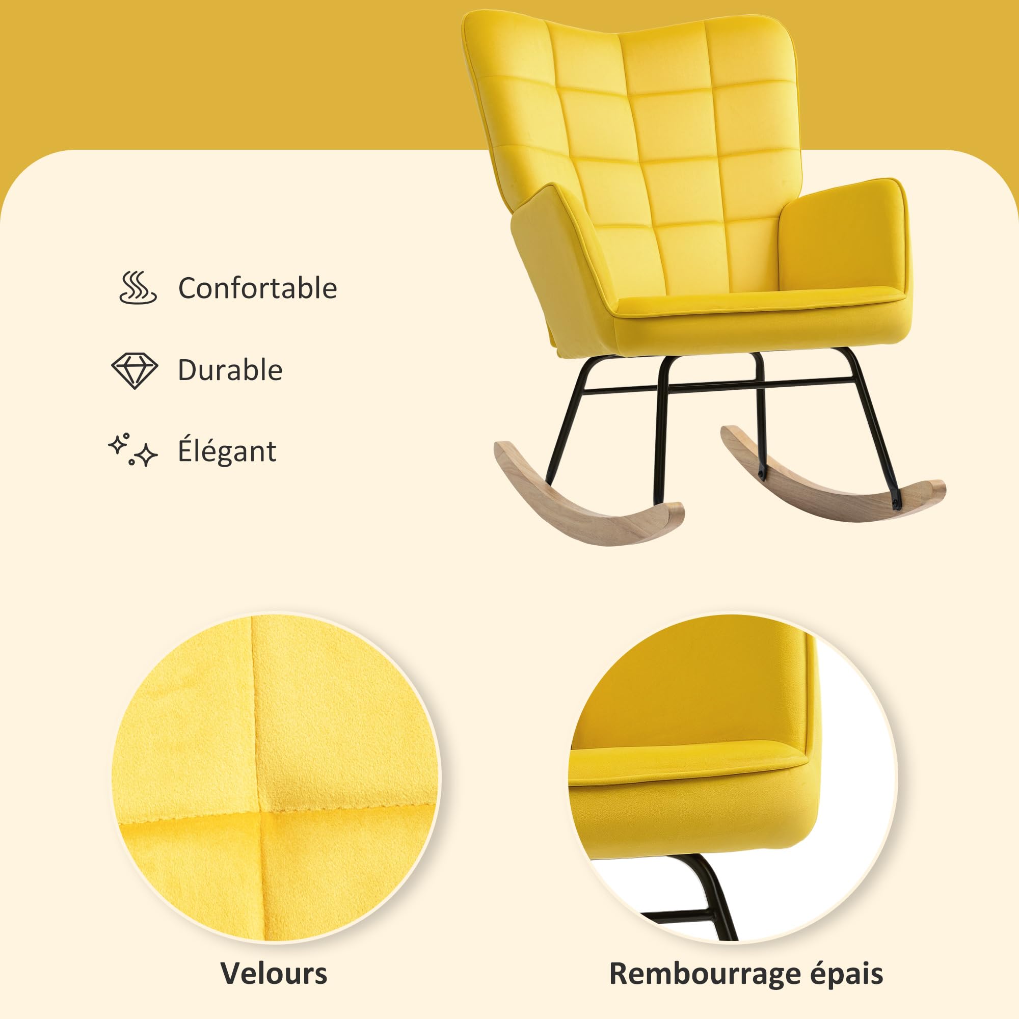 HOMCOM Fauteuil à Bascule Rocking Chair Velours Acier Pieds Bois Massif Jaune