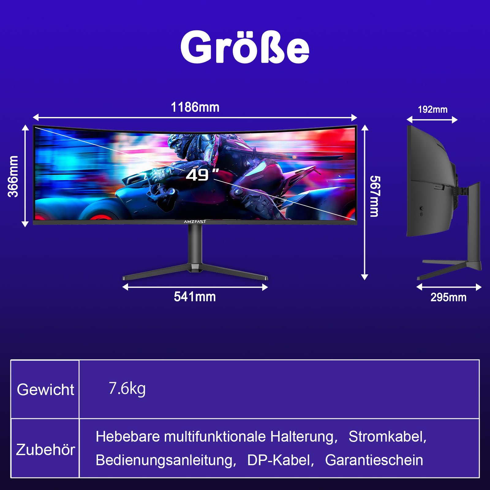 Amzfast Monitor Gaming Curvo 49 Pulgadas - DQHD 5120x1440 (32:9), 120 Hz, 1 ms MPRT, Adaptive Sync, sRGB 120%, Luminosidad 350cd/m², HDMI 2.0, DisplayPort, Eye Care, VESA 75x75, Pip/PBP, AMZG49C7U