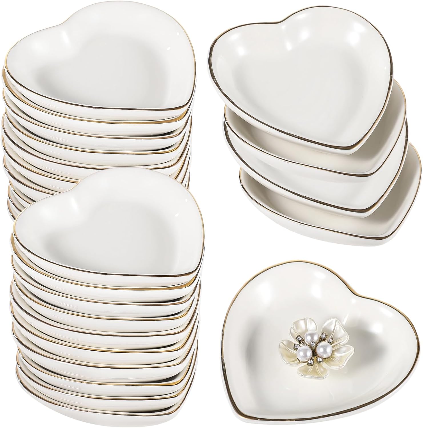 24 PCS Heart Shaped Trinket Dishes, Ceramic Jewelry Trays for Earrings, Necklaces, Bracelets, Engagement Wedding Ring Dish, Elegant Golden Edge