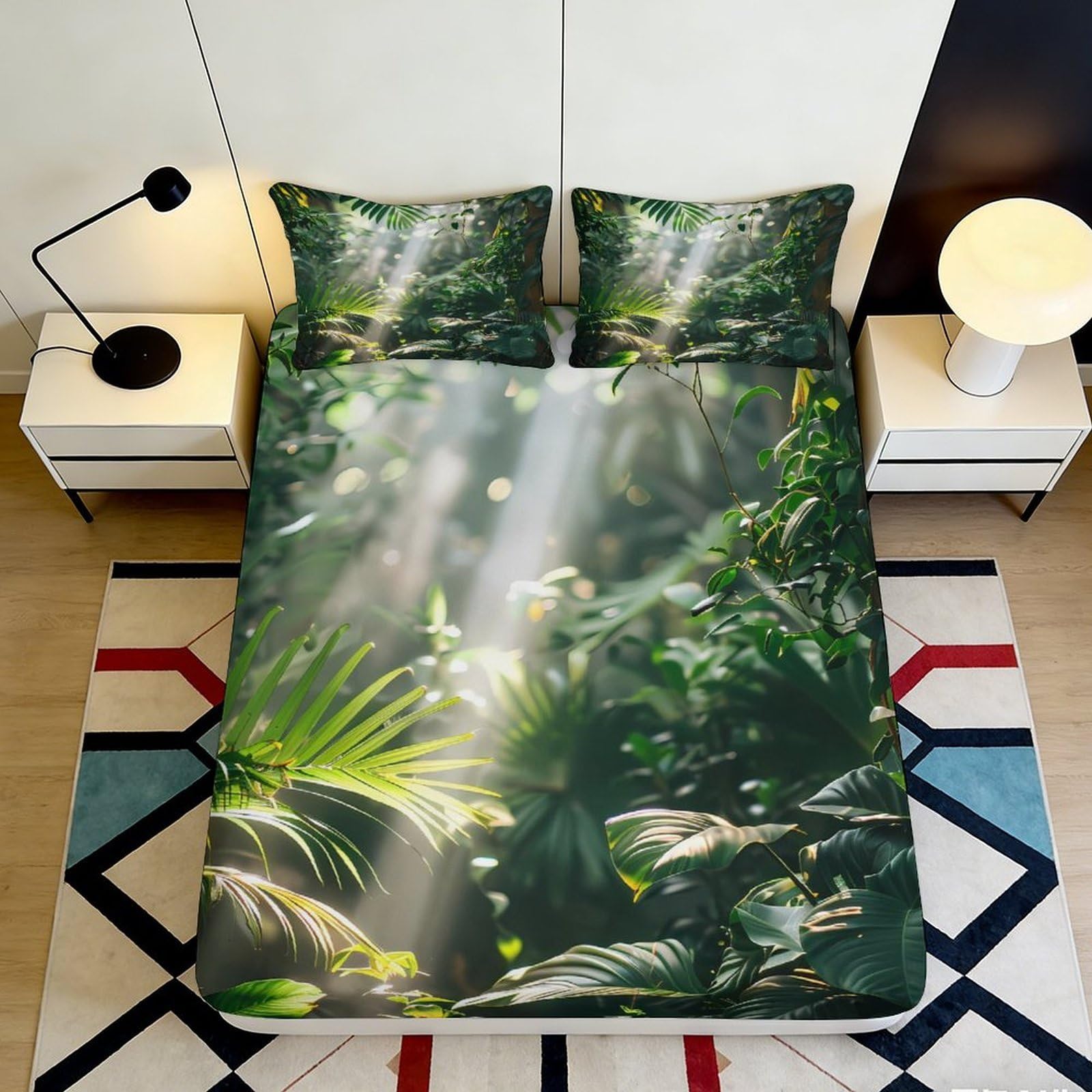 3D Printed Jungle Green Fitted Sheet Microfiber Soft Breathable Forest Leaves Bed Cover for Bedroom Dormitory Guest Room Mattress Protection Decor 160x200x25cm