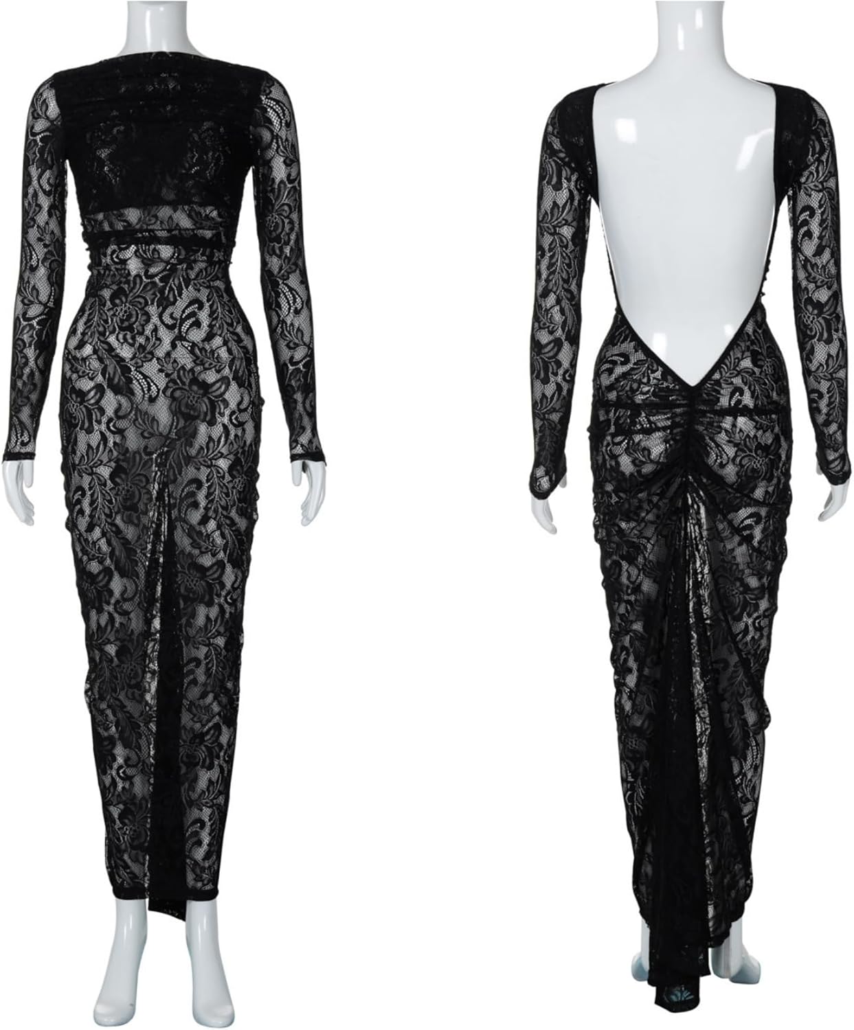 ZGMYC Women's Sexy Backless See Through Lace Maxi Dress Elegant Ruched Long Sleeve Bodycon Dress Cocktail Party Dress - Image 4
