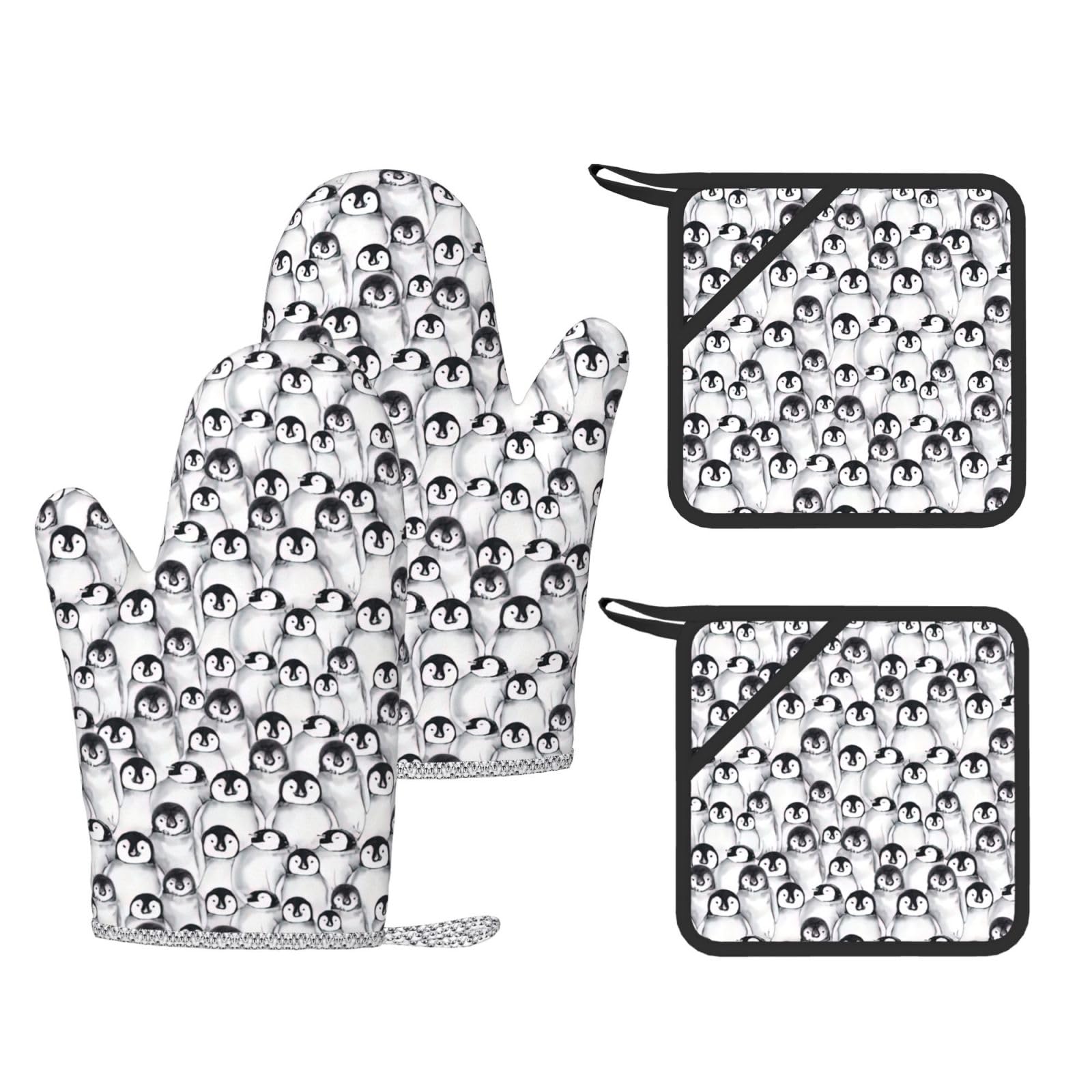 Cute Penguins Sketch Trendy Printed Kitchen Set with Heat Resistant Gloves & Non-Slip Hot Pads for Baking & Grilling