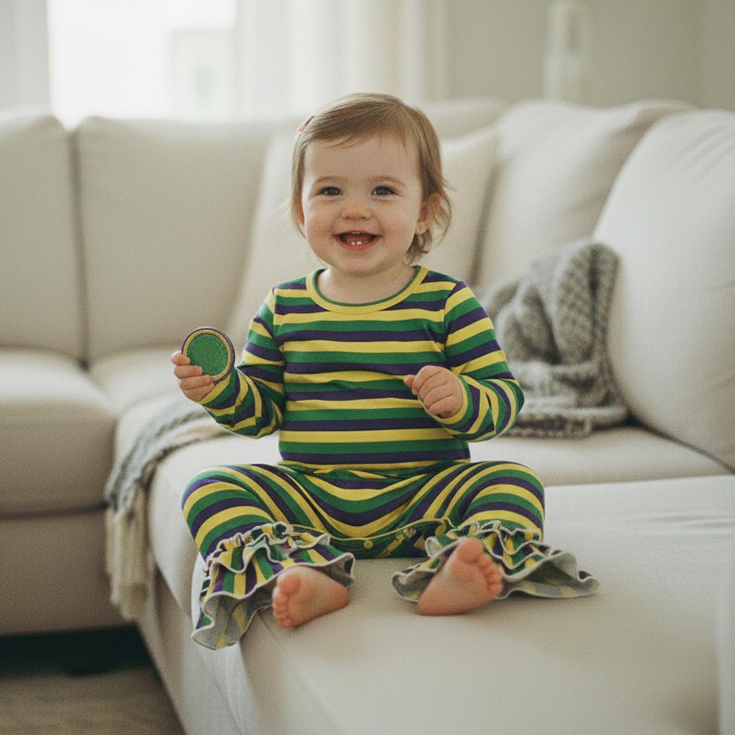 Honganda Infant Baby Girl Carnival Outfit Long Sleeve Striped Romper Jumpsuit Flare Pants Playsuit Mardi Gras Clothes - Image 7