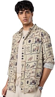 The Souled Store Jurassic Park: Tilescape Men and Boys Long Sleeve Spread Collar Beige Conversational Print Regular Fit Ca... Price In India