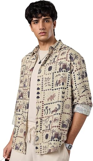 The Souled Store Jurassic Park: Tilescape Men and Boys Long Sleeve Spread Collar Beige Conversational Print Regular Fit Ca...