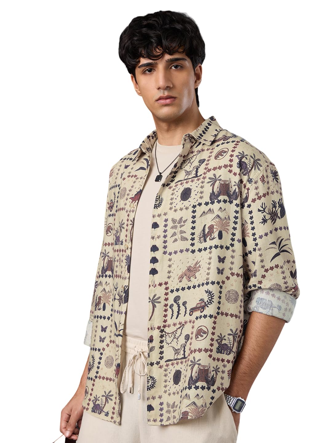 The Souled Store Jurassic Park: Tilescape Men and Boys Long Sleeve Spread Collar Beige Conversational Print Regular Fit Ca... - Review, Price and Buying Guide