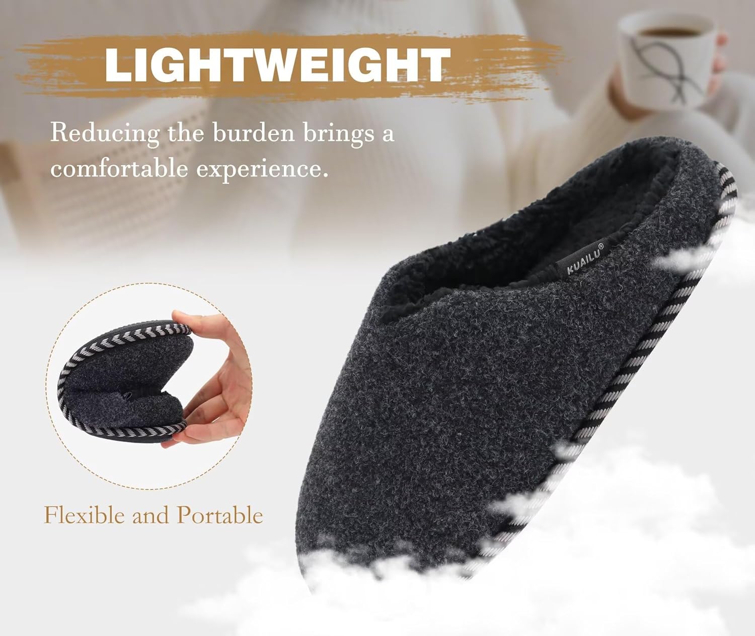 KuaiLu Womens Memory Foam Slippers Ladies Cozy Fuzzy Plush Fur Lined Warm Winter Cushioned Slip on House Bedroom Shoes Comfy Indoor Outdoor Hard Sole Arch Supportive Plantar Fasciitis Black Size 9 - Image 6