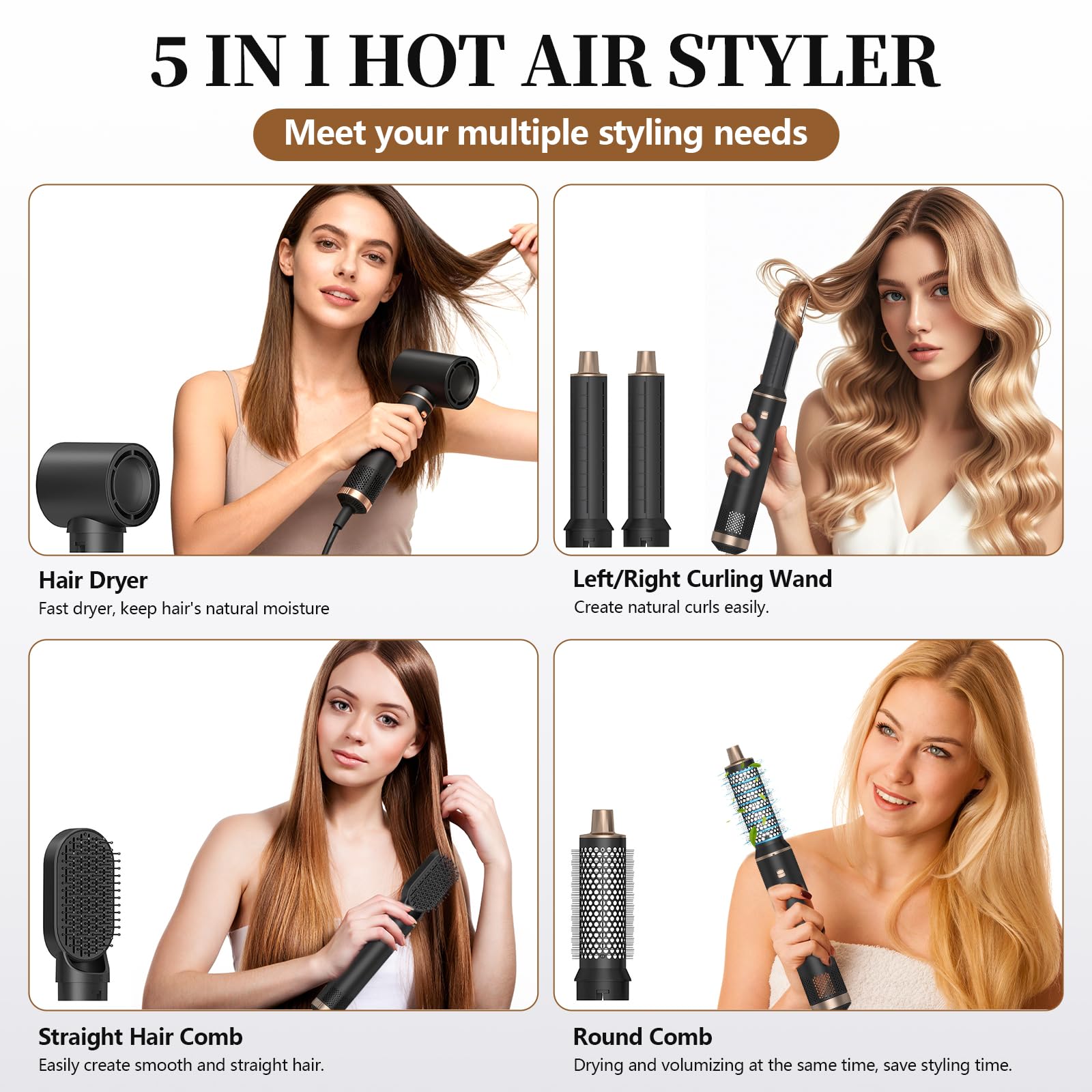 Cepillo Secador de Pelo Air Styler 5 en 1 Moldeador Pelo Cepillo de Aire Caliente Multifunción con Iones Negativos Secador, Rizador y Cepillo Térmico para Cabello Seco, Liso y Rizado