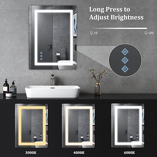Miniatura 2 de Olela Espejo de baño LED con luz, 48 x 36 pulgadas, espejo de pared con marco plateado, espejo de pared de tocador regulable sin escalones, espejo