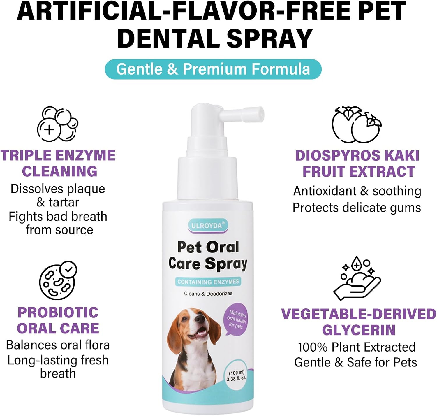 Pet Dental Spray for Dogs & Cats - Fragrance-Free Triple Enzyme & Probiotics Oral Care Mist, Dog Teeth Cleaning, Bad Breath & Tartar Plaque Support, Dental Water Additive for Pet Supplies, 3.38 oz