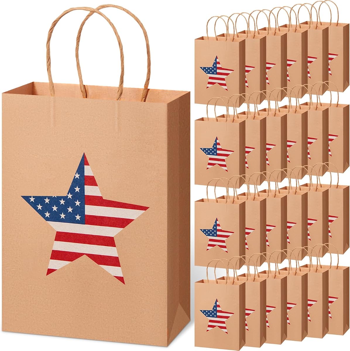 Gueevin 24 Pcs Kraft Patriotic Gift Bags with Handles 4th of July Paper Gift Bags American Flag Star Treat Candy Goodie Paper Bag for Independence Day Party Supplies
