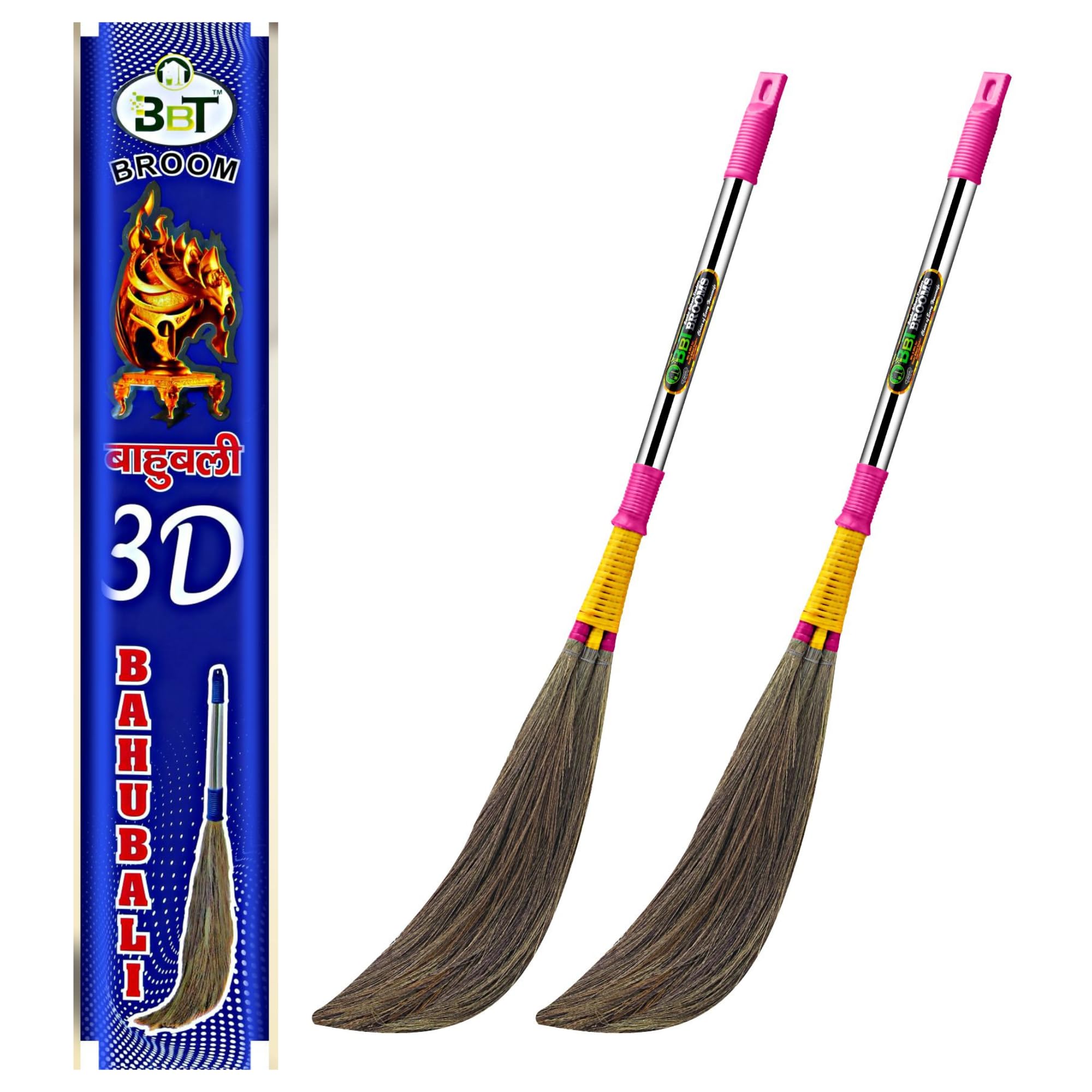 BBT Bahubali 3D Steel Phool Jhadu - Unbreakable Stainless Steel Handle Broom | Premium 3D Grip Natural Grass Jhadu for Home Cleaning (BBT- BAHUBALI 3D)-picture-31