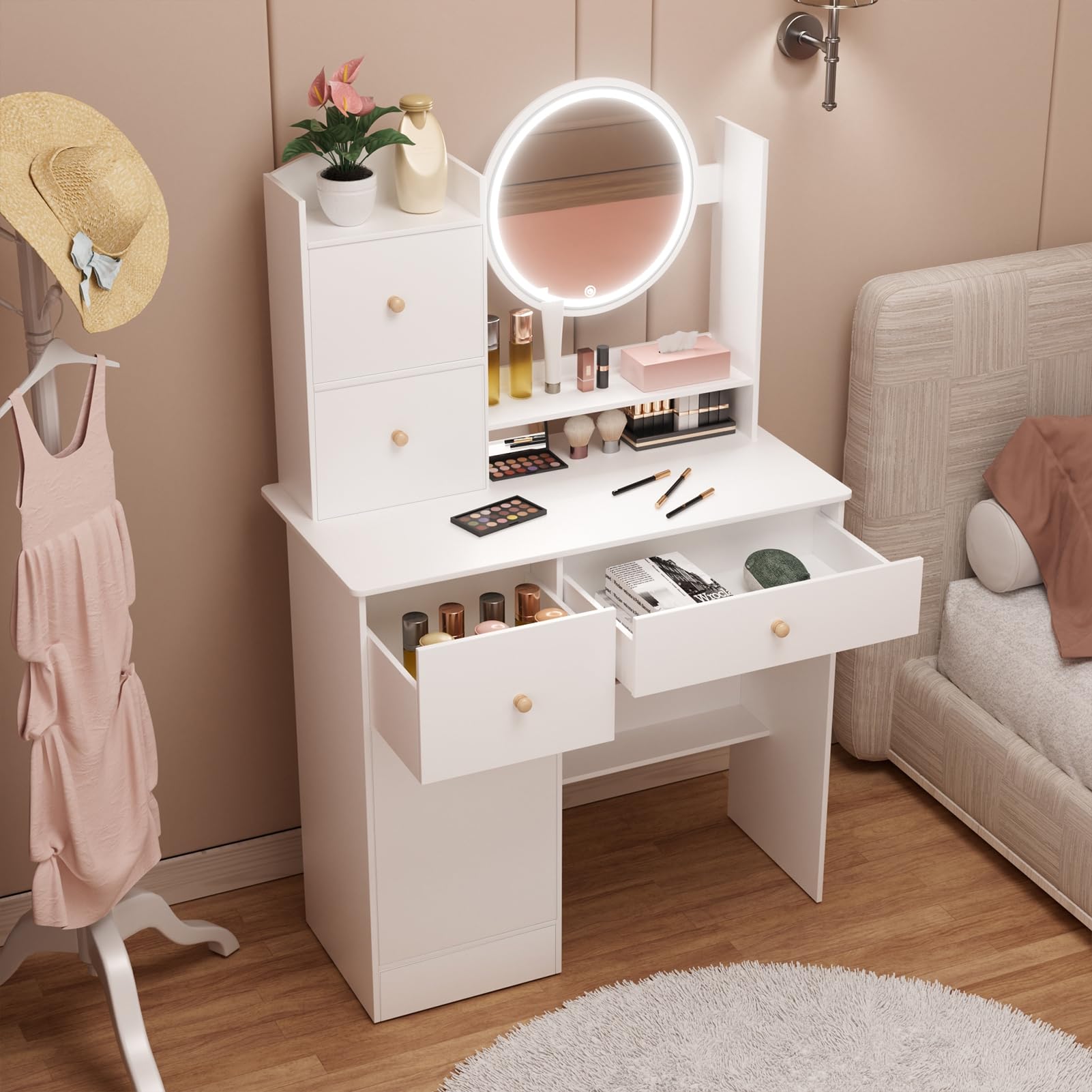 Escritorio de maquillaje con espejo iluminado LED, mesa de tocador con 2 cajones y estantes de apertura, tocador para dormitorio, escritorio de maquillaje para niñas para espacios pequeños,