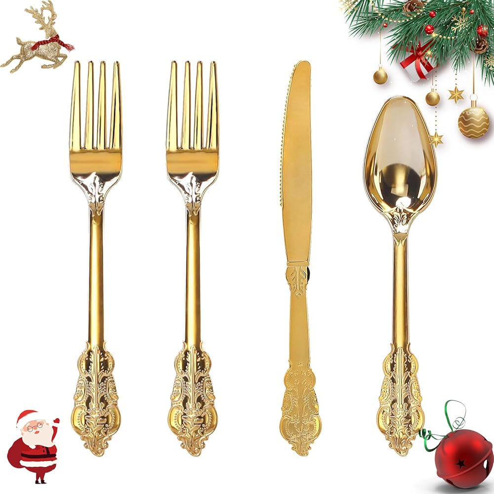 WDF 200 Pieces Gold Plastic Silverware Disposable - 50 Guests Heavy Duty Thanksgiving Gold Plastic Cutlery - Disposable Utensils Includes 100 Forks, 50 Spoons, 50 Knives Perfect for Party/Weeding