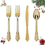 WDF 200 Pieces Gold Plastic Silverware Disposable - 50 Guests Heavy Duty Thanksgiving Gold Plastic Cutlery - Disposable Utensils Includes 100 Forks, 50 Spoons, 50 Knives Perfect for Party/Weeding