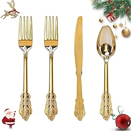 WDF 200 Pieces Gold Plastic Silverware Disposable - 50 Guests Heavy Duty Thanksgiving Gold Plastic Cutlery - Disposable Utensils Includes 100 Forks, 50 Spoons, 50 Knives Perfect for Party/Weeding