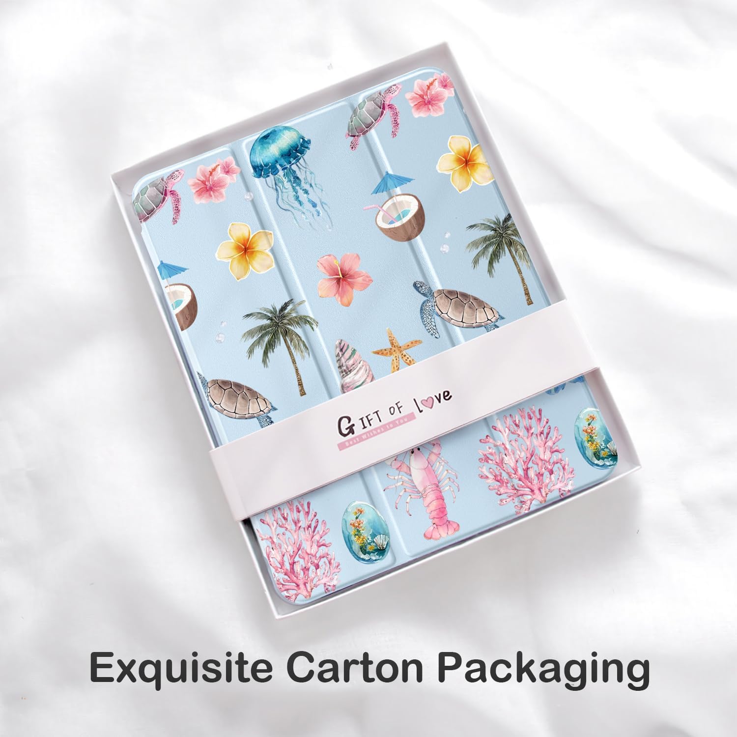 Cute Sea Turtle Flower Palm Tree for iPad (A16) 11th Gen Case 11 Inch 2025, for iPad 10th Gen Case 10.9 Inch 2022 with Pencil Holder, Auto Sleep/Wake, Blue Leather Clear Acrylic Back Cover