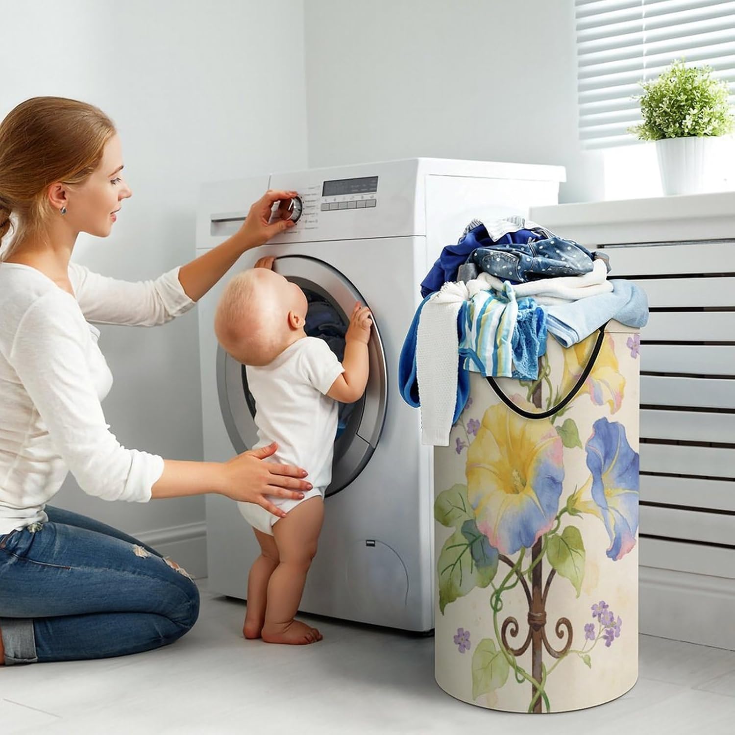 Yellow Blue Morning Glory Laundry Hamper with Handles Waterproof Collapsible Laundry Basket Large Lightweight Round Dirty Clothes Hamper for Home Dorm Bathroom Decor