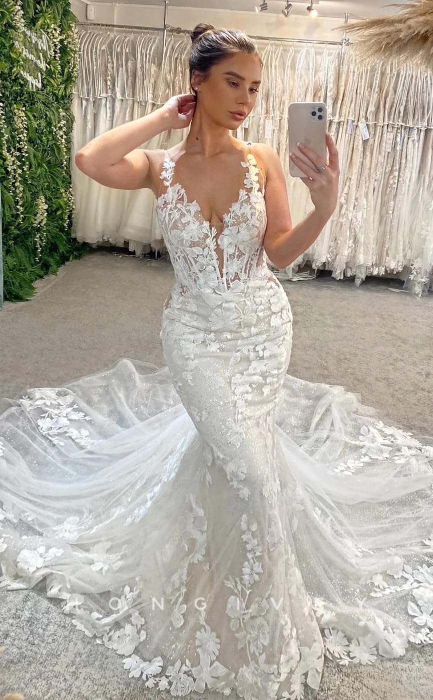 Mermaid Wedding Dresses for Bride Lace Tulle V Neck Beach Bridal Gowns with Train