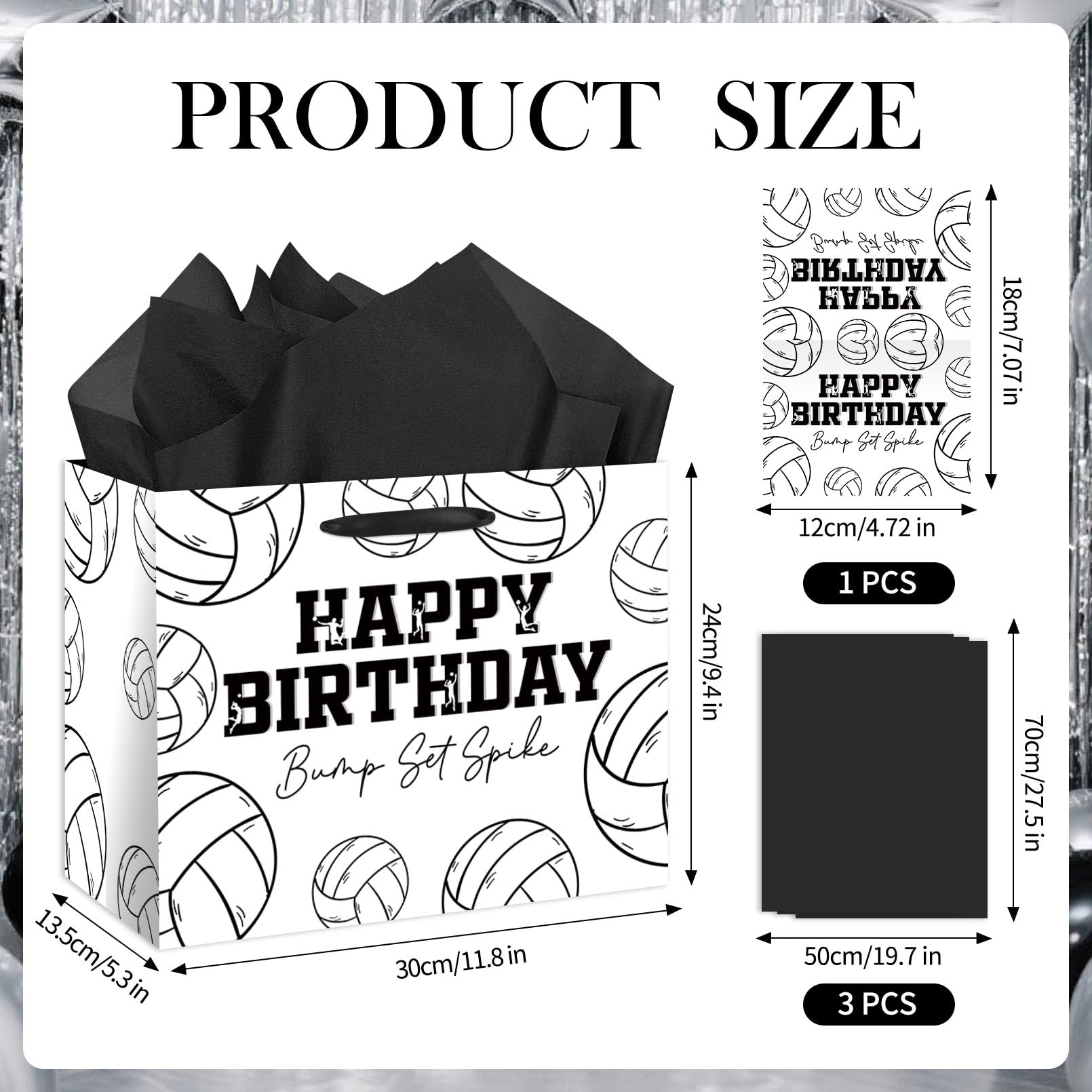 HSKMAKE Large Volleyball Birthday Gift Bag, Black White Volleyball Theme Gift Bag, with Card and Tissue Paper, Sports Party Gift Bags, for Boys, Girls, Fans, Birthday Party Favor Decorations Supplies