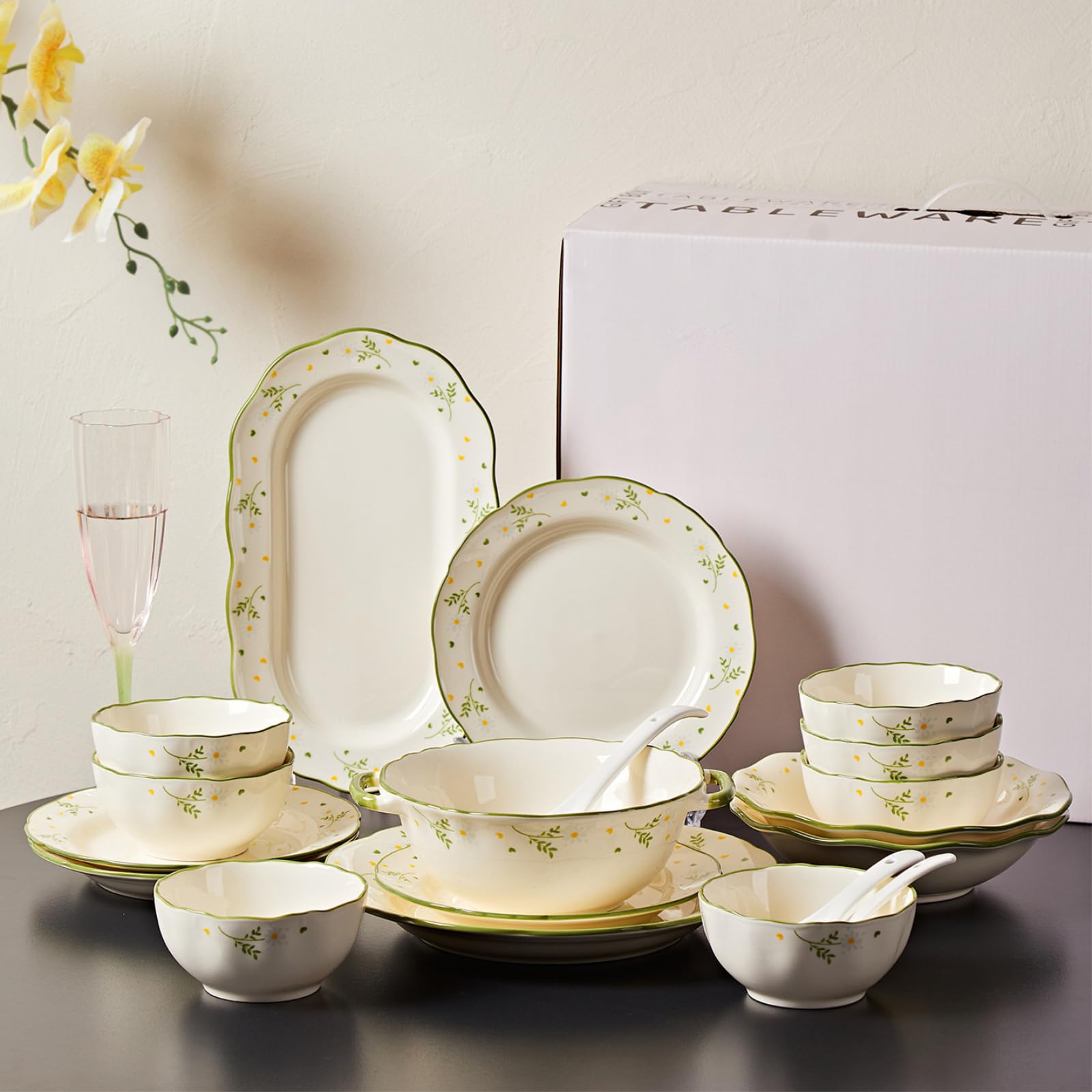 Zestaw naczyń ceramicznych w kolorze podglazurowanym, domowym, odporny na wysokie temperatury i łatwy do czyszczenia, 13-częściowy zestaw dla 2 osób.