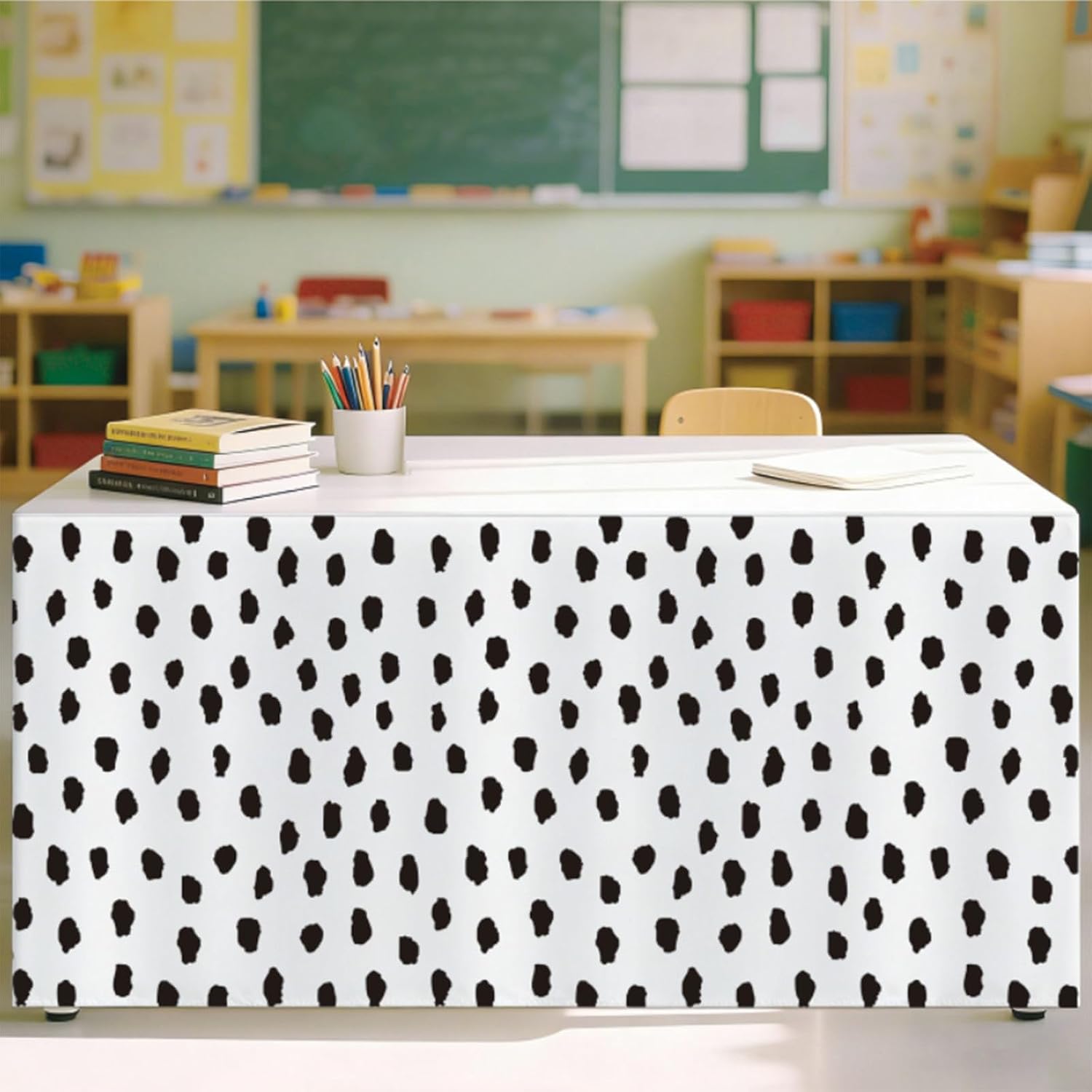 AnyDesign 3Pcs Polka Dots Table Skirt 2.5 x 14.1 Ft Disposable Black White Polka Dot Plastic Table Skirt for Back to School Supplies Classroom Office Home Bookcase Cabinet Decor