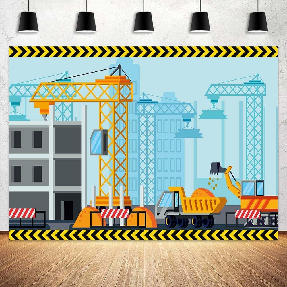 Photo 1 of 10 x 8 ft Construction Theme Birthday Photo Backdrop Kids Party Photography Backdrop Dump Truck Excavator Construction Backdrop