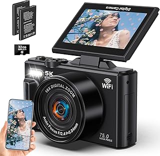 Beho 5K録画 デジタルカメラ スマホに送れる デジカメ 7500万画素 Wi-Fi機能 180度回転可能ディスプレイ 18倍デジタルズーム オートフォーカス 連続撮影 自撮り 3.0インチ大画面 軽量 携帯便利 ポケット 学生 初心者 修学旅行 Vlog 小型 コンパクトカメラ 32GBマイクロSDカード付き