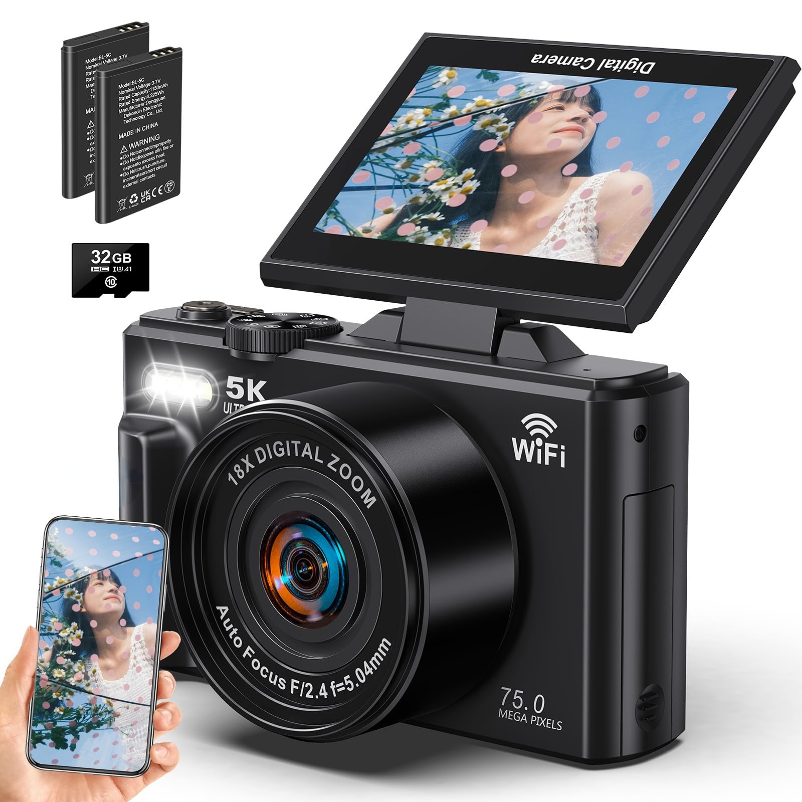 デジタルカメラ 5K 録画 Wi-Fi 回転ディスプレイ ズーム SDカード付 Amazon | Beho 5K録画 デジタルカメラ スマホに送れる デジカメ 7500万