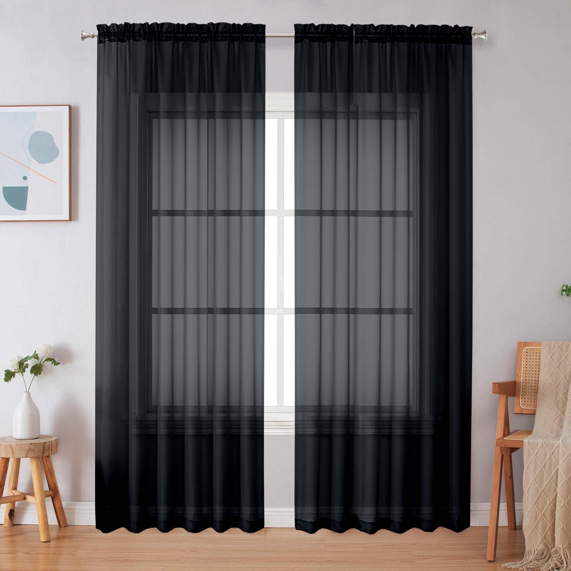 Simplebrand Black Sheer Curtains 90 Inches Long 2 Panels Light Filtering