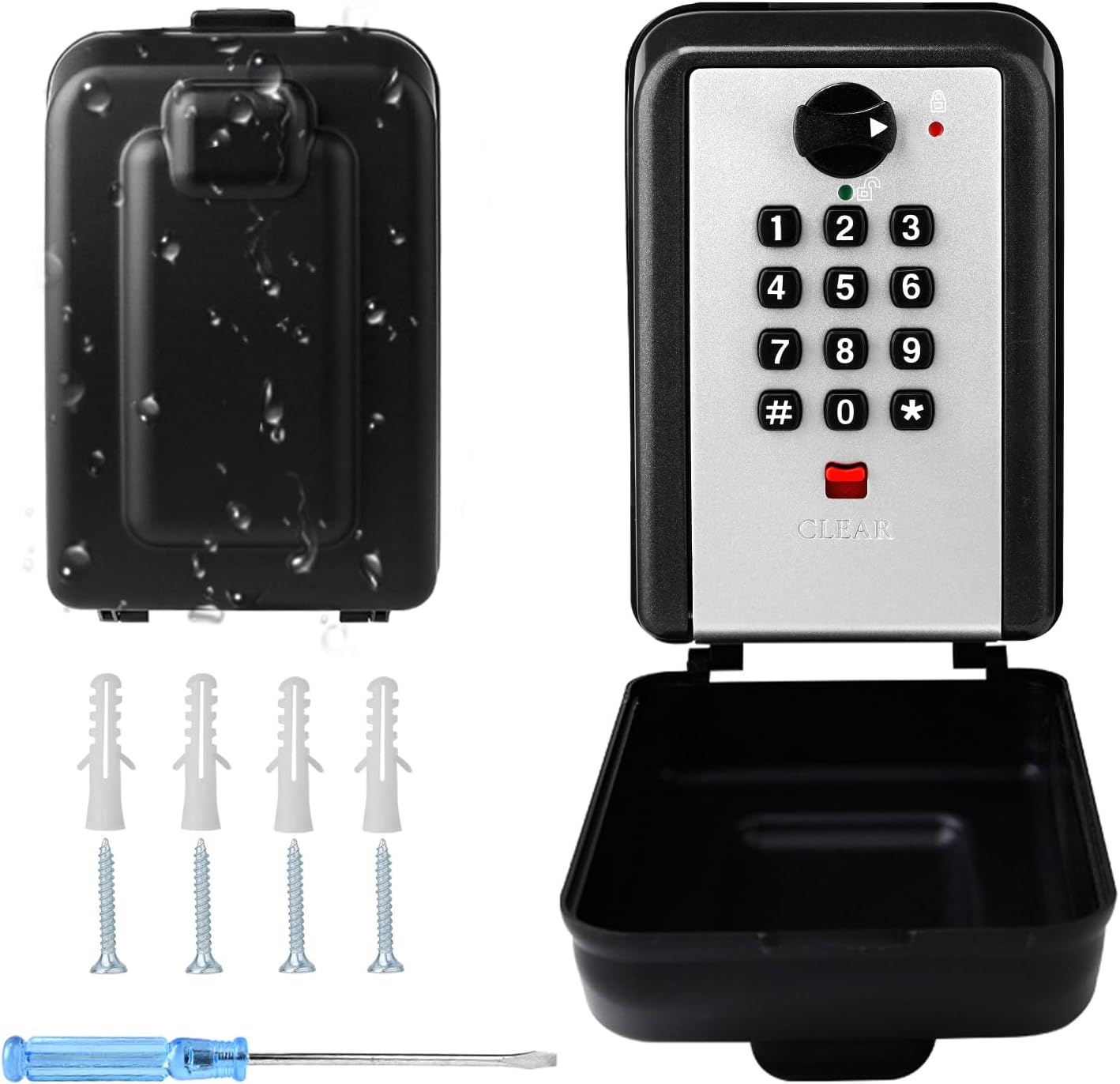 Key Lock Box, 12-Digit Code, Weatherproof Wall Mount, Large Capacity 5-8 Keys, Aluminum Alloy (Silver, 3.58 * 2.24 * 5.28IN)