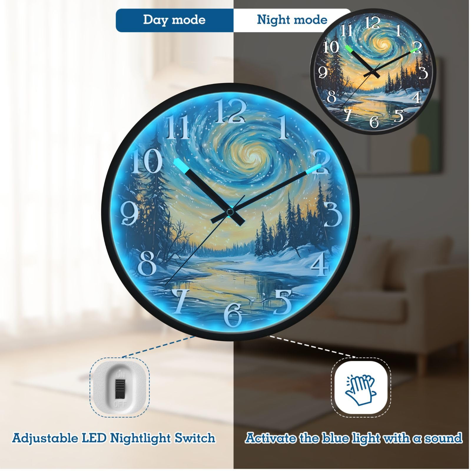 Mnsruu Aurora Sky Forest Galaxy - Reloj de pared luminoso para dormitorio, funciona con pilas, silencioso, brilla en la oscuridad, para sala de estar, cocina, 12 pulgadas