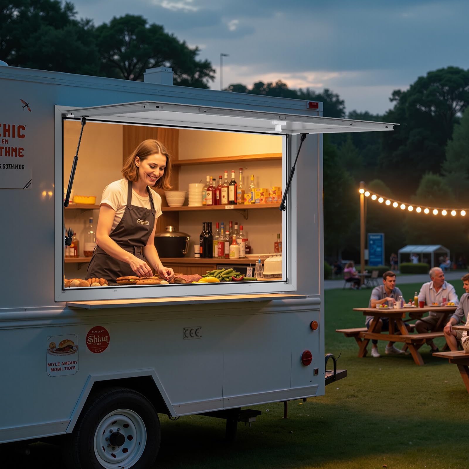 VEVOR Fenêtre de Concession pour Camion Restaurant 188 x 101,6 cm, Fenêtre de Service pour Stand de Vente, Cadre en Alliage d'Aluminium, sans Verre, avec Porte à Auvent et Crochet de Traction