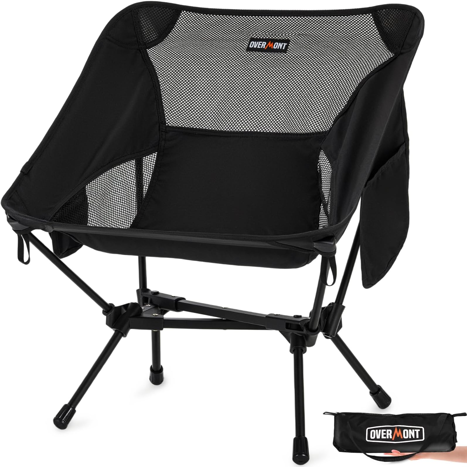 OVERMONT Camping Chair Foldable Small Pack Size - Folding Chair Lightweight with Carry Bag - Maximum Load 150 kg - for Garden Picnic Beach Fishing Hiking Black