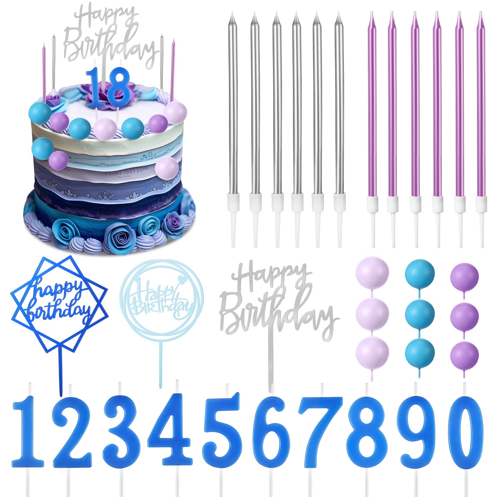 Happy Birthday Cake Toppers - 34 Pcs Candles & Picks -7 Happy Birthday Cake Toppers - 34 Pcs Candles & Picks -7