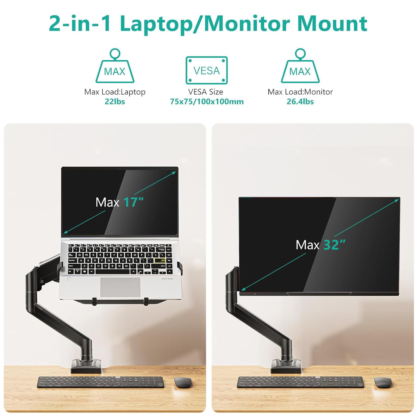 WALI Supporto da scrivania per computer portatile, supporto per monitor 2 in 1 con vassoio regolabile per laptop, adatto per notebook da 17" e schermo da 34", supporta max 10-12 kg, supporto per