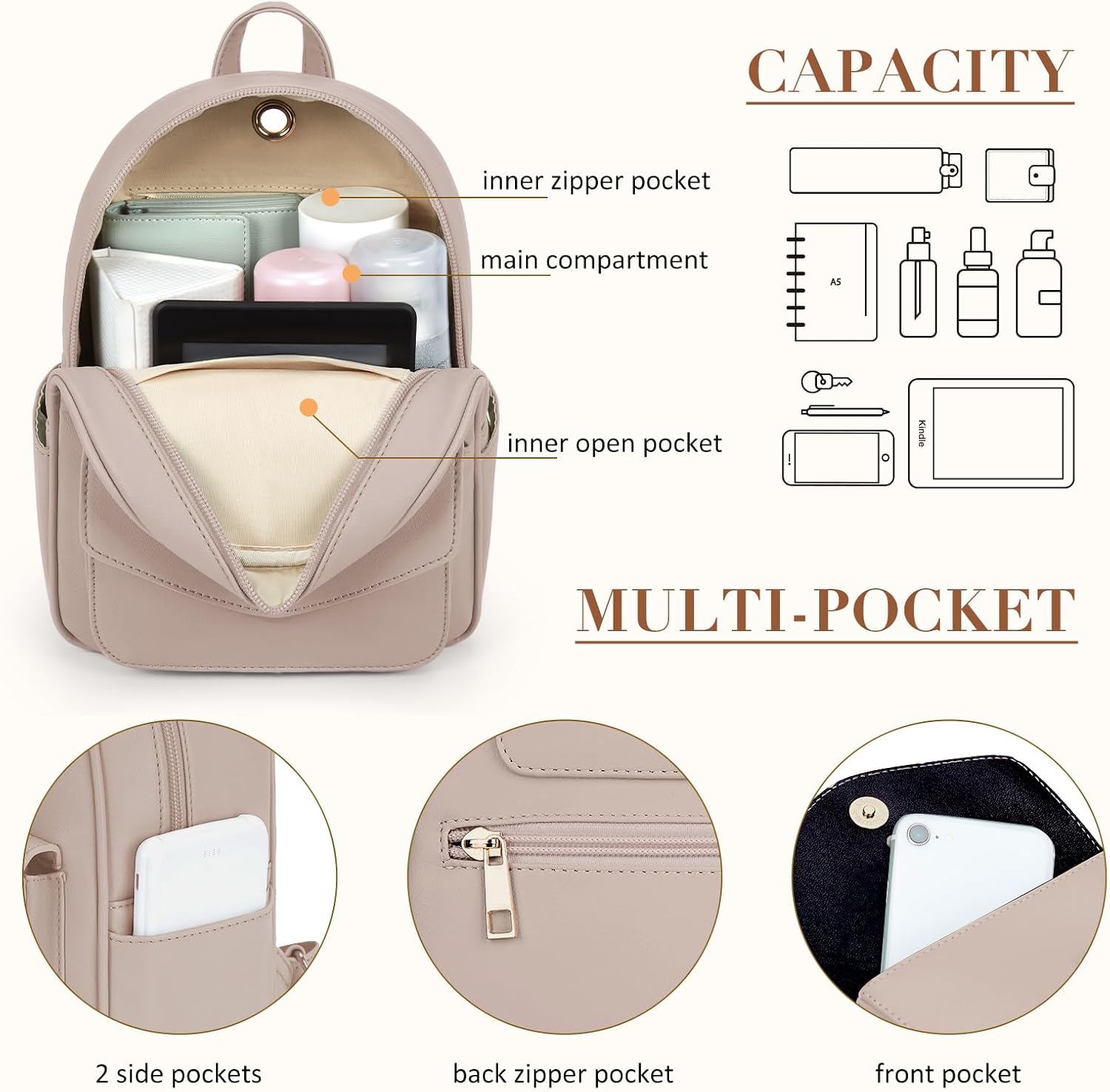 ECOSUSI Mini Backpack for Women Cute Bowknot Small Backpack Purse Ladies Leather Bookbag Satchel Bag, with Charm Tassel Khaki - Image 3