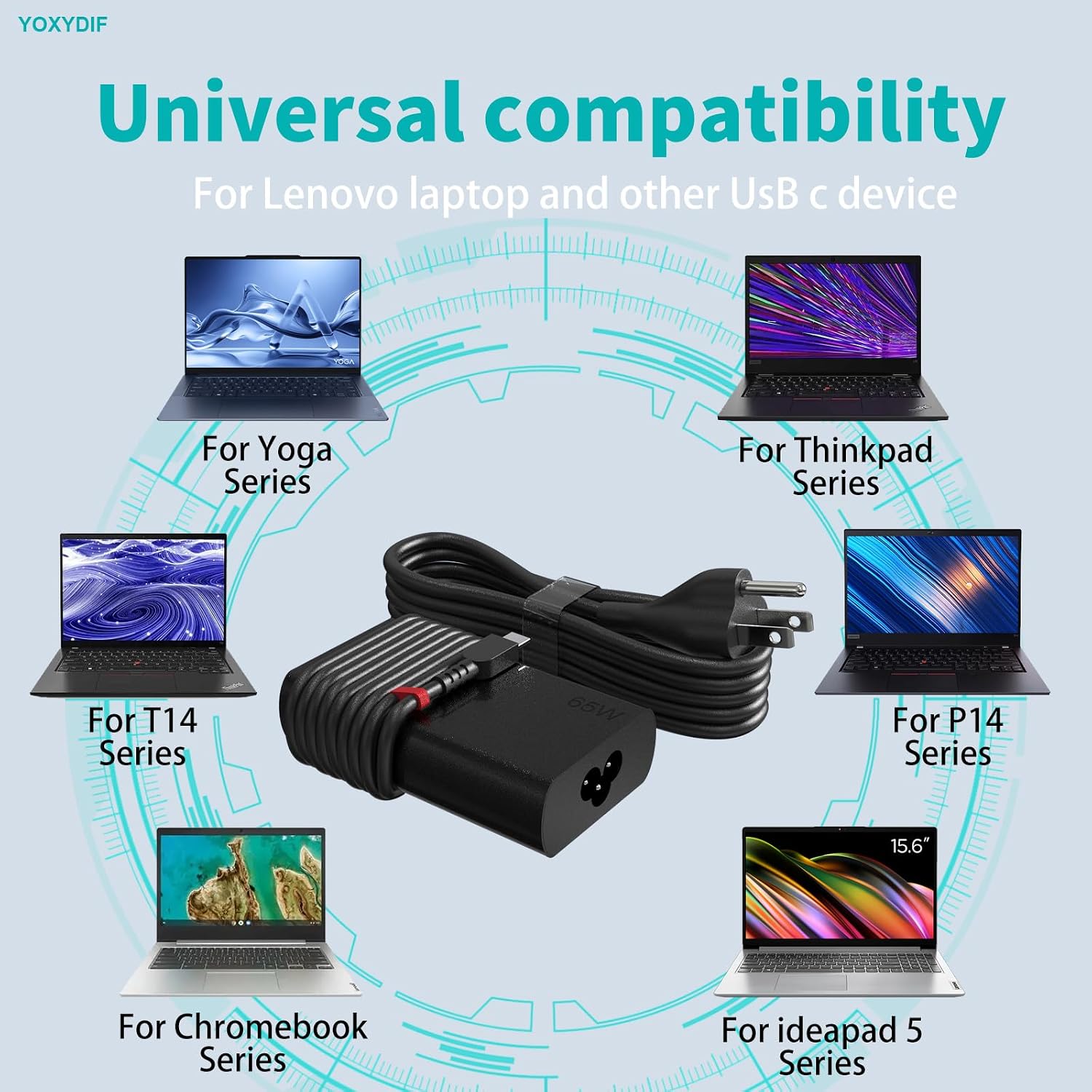 New Slim 65W USB C Laptop Charger Compatible with Lenovo Computer Power Cord Adapter Type C Thinkpad X1 T14 T14s T15 T16 T480,Yoga,Chromebook