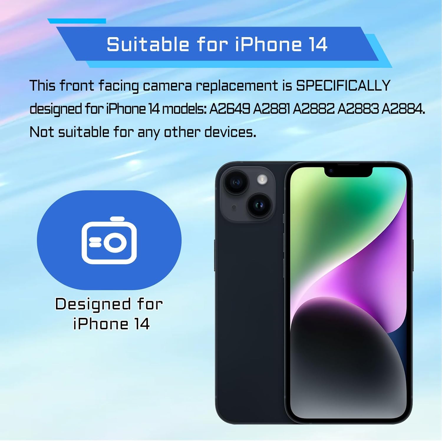 for iPhone 14 Front Facing Camera Replacement Selfie Camera 14 OEM 12MP Front Camera Flex Cable Module Light Receiver Repair with Fix Tools Kit A2649 A2881 A2882 A2883 A2884