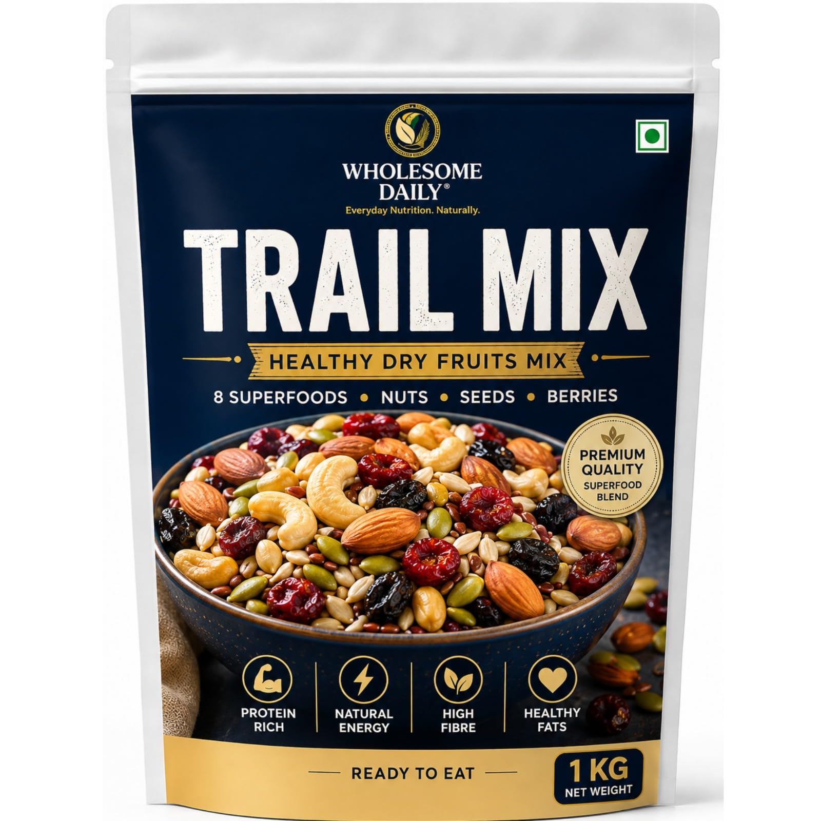 WHOLESOME DAILY Royal Trail Mix 1kg | Premium 8 Superfood Nuts, Seeds & Dried Fruits | Almonds, Cashews, Raisins, Black Currants, Cranberries, Pumpkin, Sunflower & Flax Seeds | High Protein, High Fiber Healthy Snack-image-43