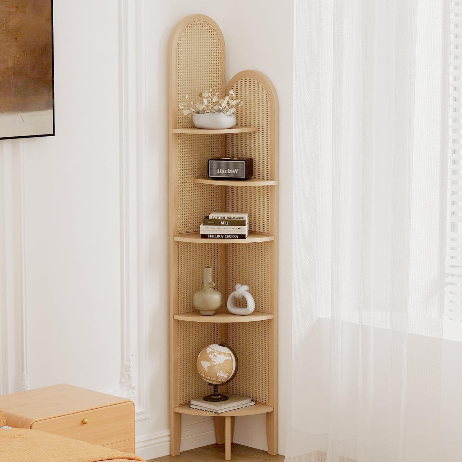 5-Tier Solid Wood Rattan Corner Shelf, Boho Chic Arc Design for Display & Storage, Perfect for Living Room, Bedroom, Bathroom, Natural Brown, 69.29 Inch Tall