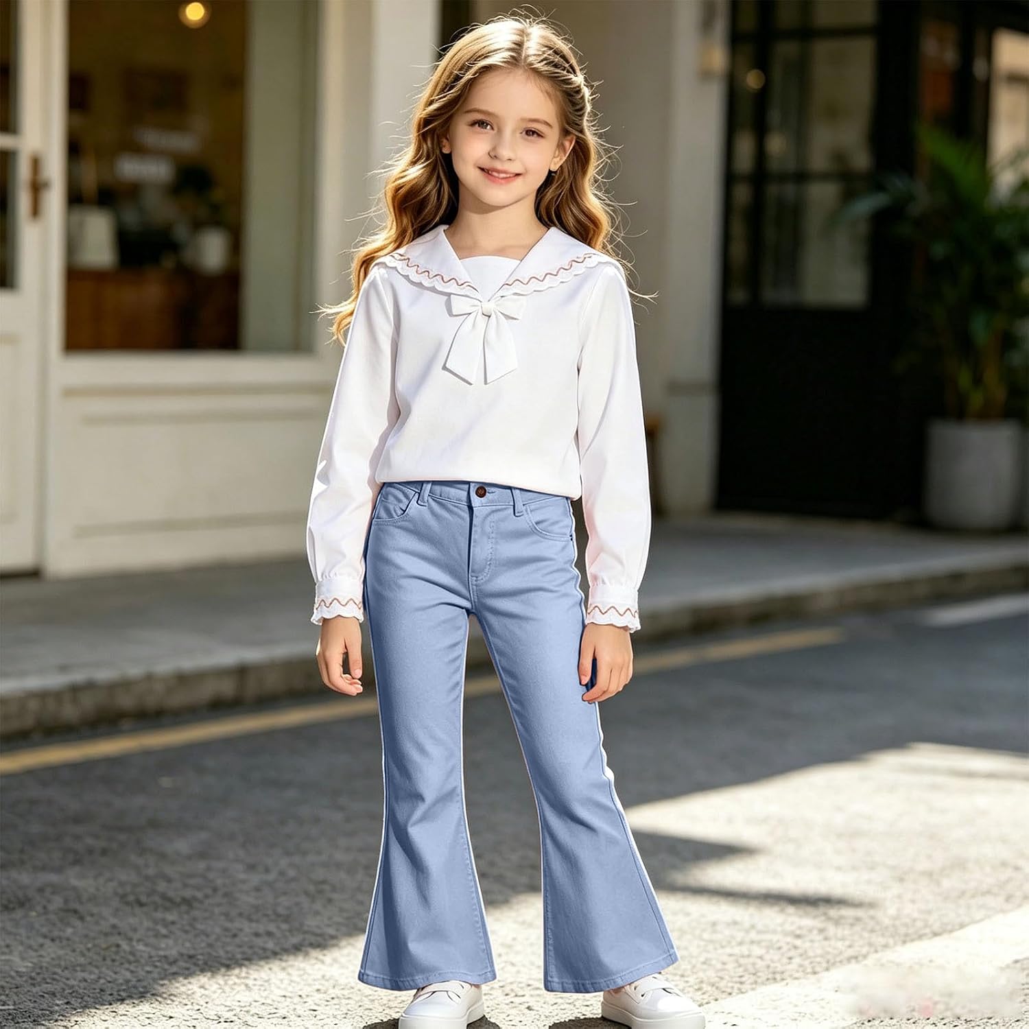 School Uniform Pants for Girls High Waist Flare Leg Dress Bell Bottoms | Girls Flare Leggings Kids School Uniform Bell Bottoms Stretch High Waist Chino Dress Pants for Teen Size 5-16 Years