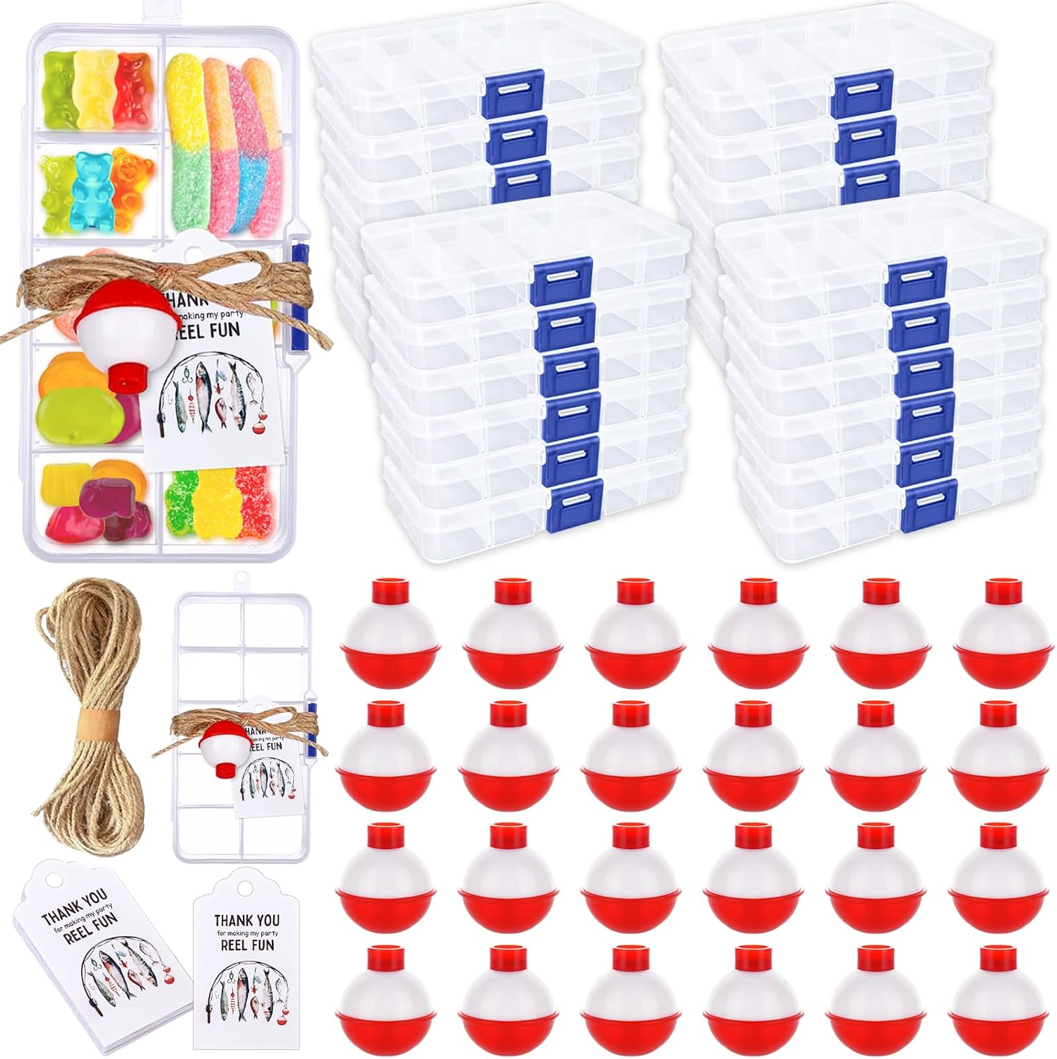Draupnir 30 Sets Fishing Party Favors Candy Tackle Boxes with 30 Fishing Bobber 30 Thank You Cards for Fishing Theme Decorations