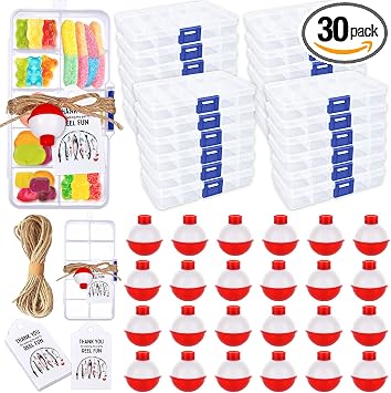 Draupnir 30 Sets Fishing Party Favors Candy Tackle Boxes with 30 Fishing Bobber 30 Thank You Cards for Fishing Theme Decorations
