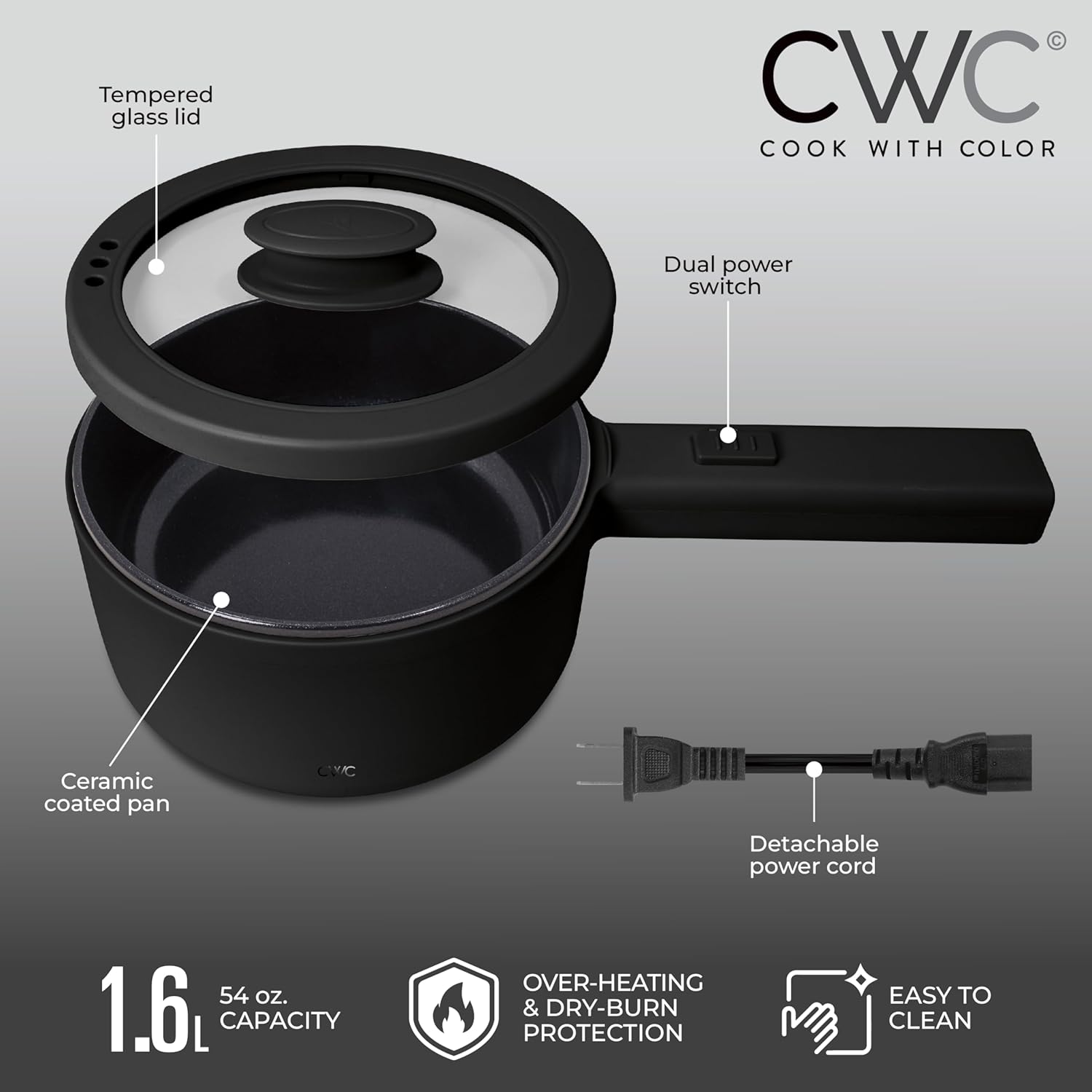 COOK WITH COLOR Electric Hot Pot, 1.6L Mini Cooker, 700W Power, Non-Stick Surface, Thermal Cut-Out Protection, Perfect for Rice, Noodles, Soups, Stews, Dorms, Apartments, and Small Kitchens, Black