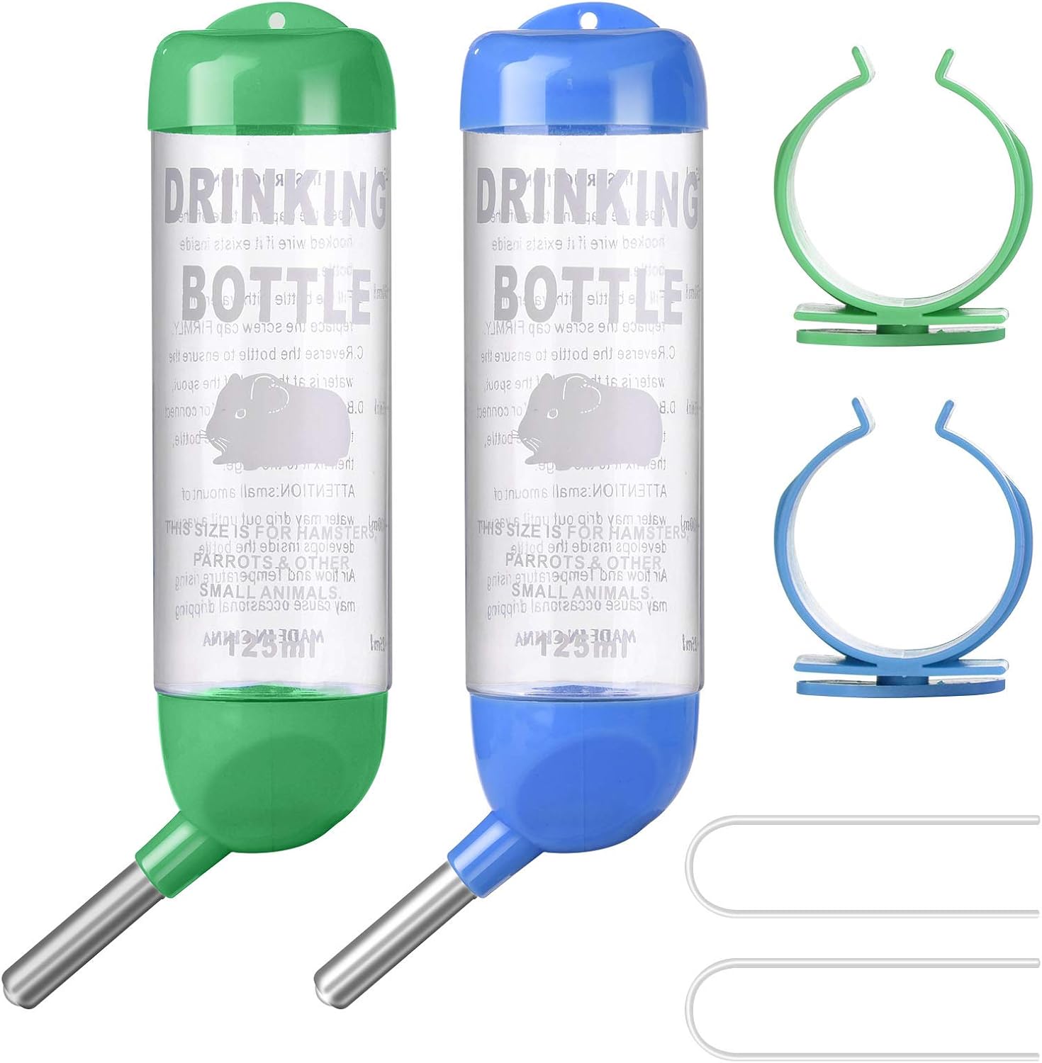 CICICO 2 Pcs Hamster Water Bottle No Drip, Guinea Pig Water Bottle, Bunny/Rabbit Water Bottle, for Small Pet/Bunny/Totoro/Ferret/Hedgehog/Hamster/Chinchilla (Small, 4.2 oz (125 ml), Green+Blue)