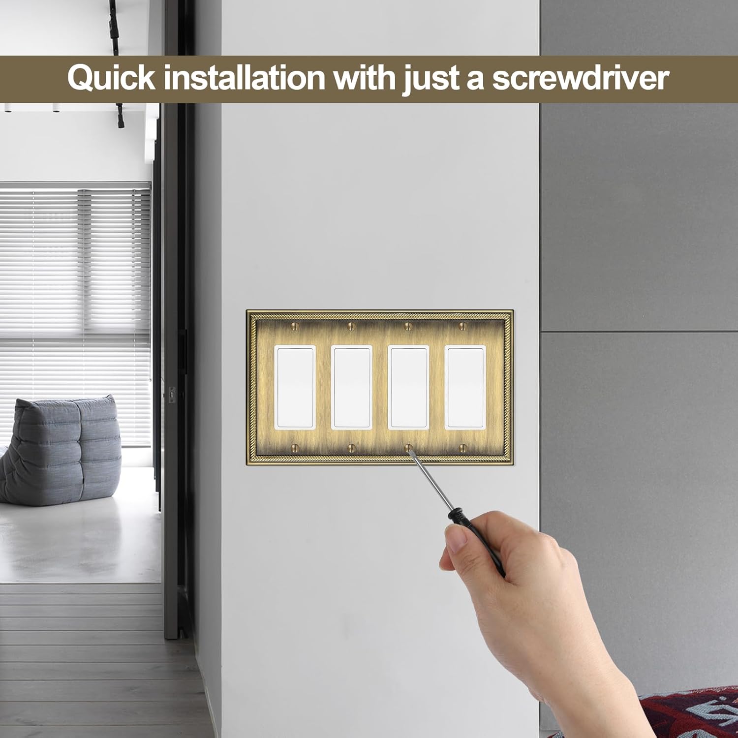 Wall Plate for Electrical Outlets, Decorative Antique Brass Switch Plates Outlet Cover, Light Switch Cover Plate, 4-Gang Wall Plates, Solid Zinc Alloy (Quad Decorator, 1 Pack)