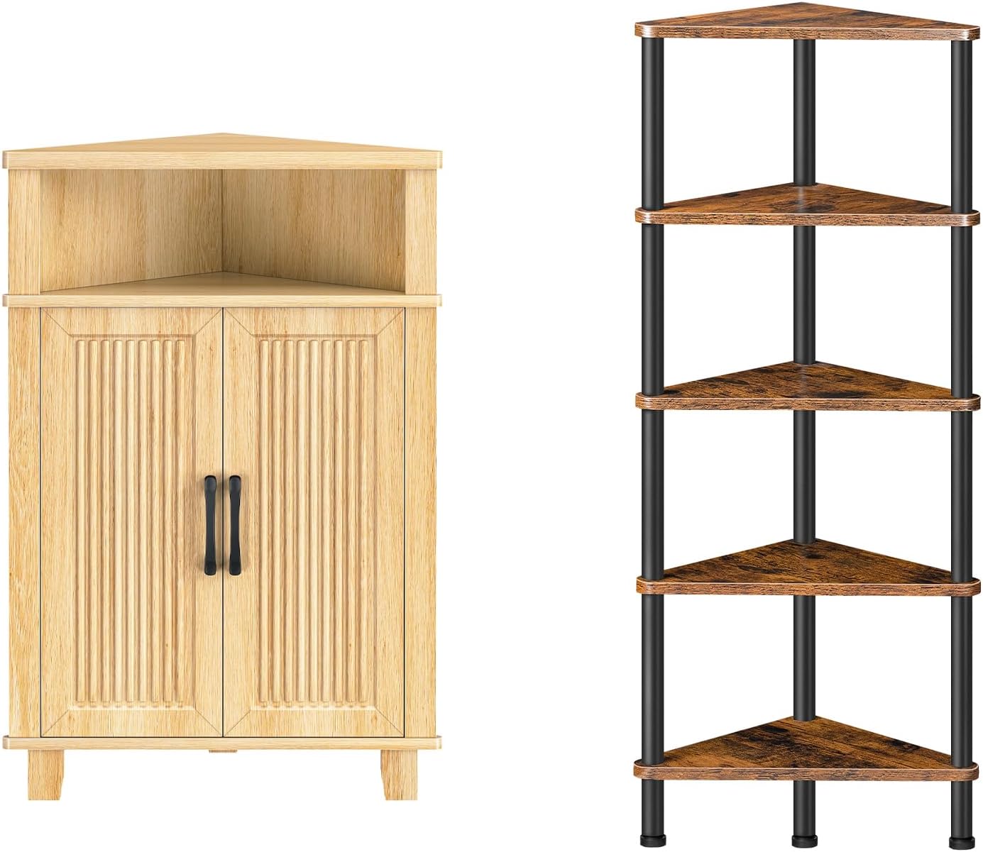 HOOBRO Corner Shelf Stand and Corner Cabinet Bundle, Industrial 5-Tier Corner Bookshelf, Wooden Cabinets Organizer for Kitchen, Entryway, Living Room, BF33CJ01-NL118CJ01