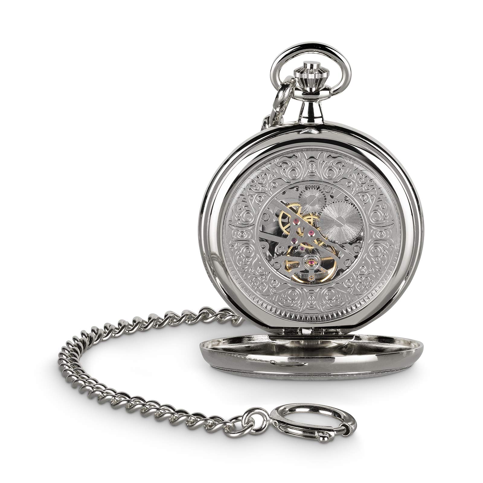 Hermann Jäckle Herren Taschenuhr Bayreuth Skelett 50 mm | Handaufzugswerk, Double Hunter Gehäuse, Skelett-Design, römische Ziffern, inklusive Kette und Reiseetui