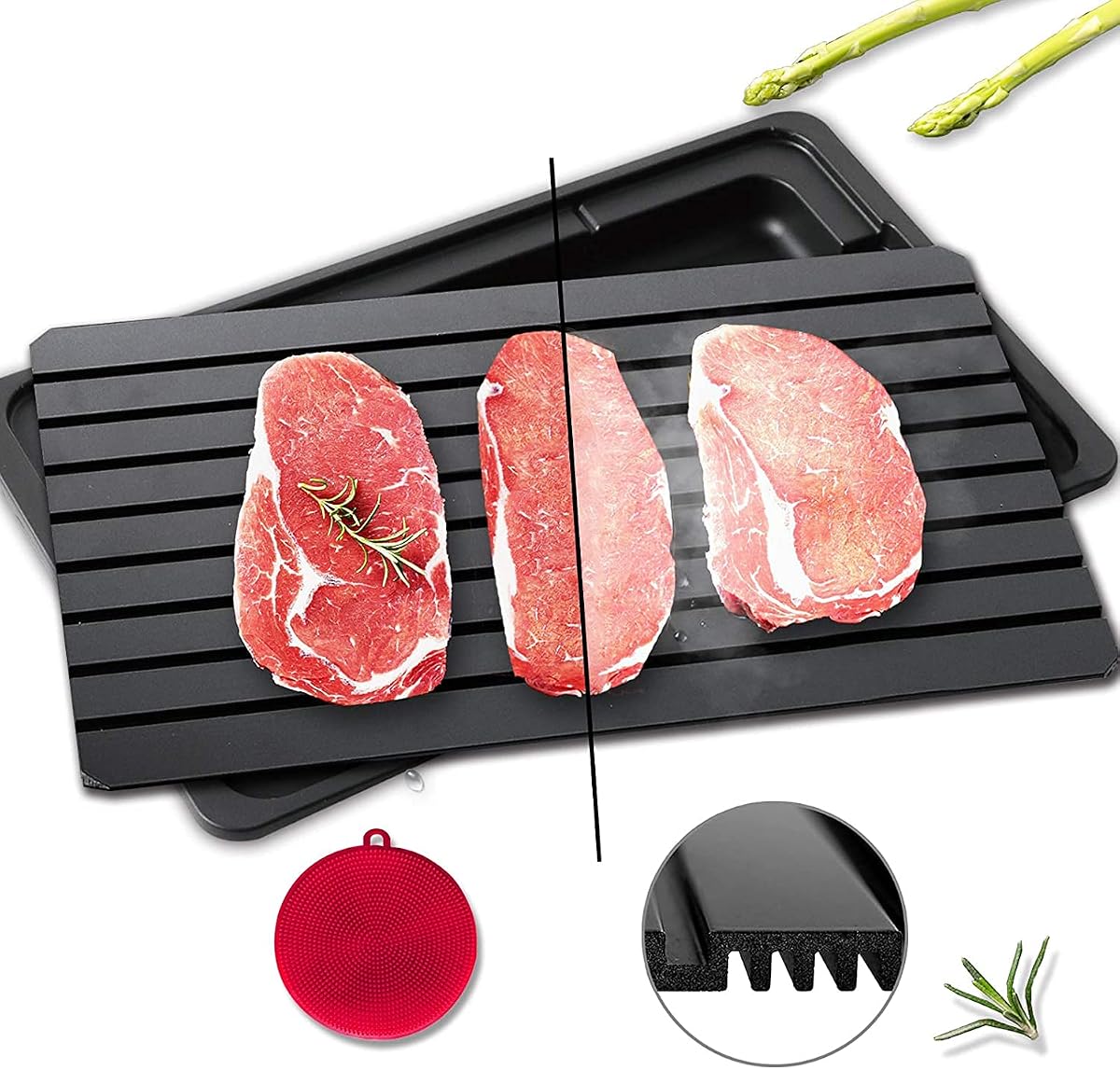 Bandeja para descongelar carne congelada de forma rápida y segura - Bandeja para descongelar carne congelada con goteo - Descongelador con calentamiento natural Descongelación milagrosa Actualizaciones de gran tamaño 6 mm